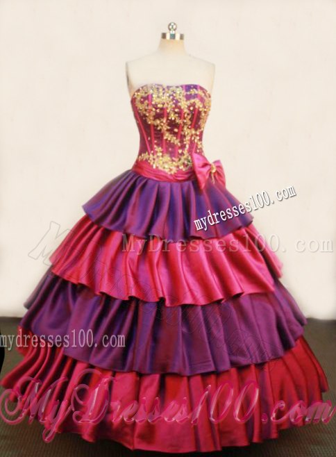 Detachable Tiers Dress for Sweet 15 with Gold Appliques and Red Sash